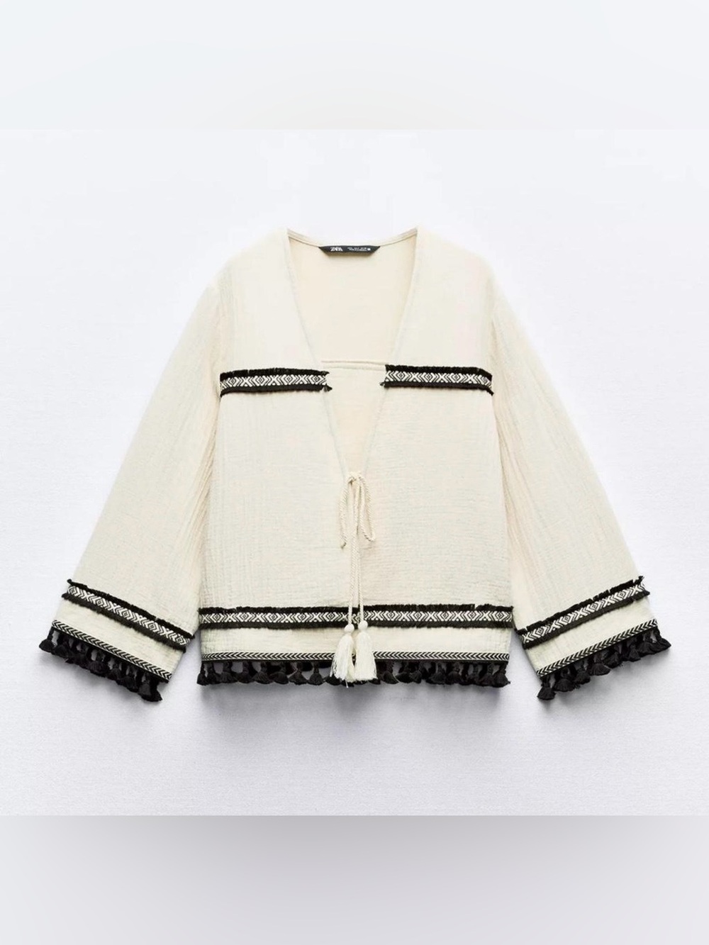 Zara Embroidered Fringe Cream Black Tassle Jacket Size M